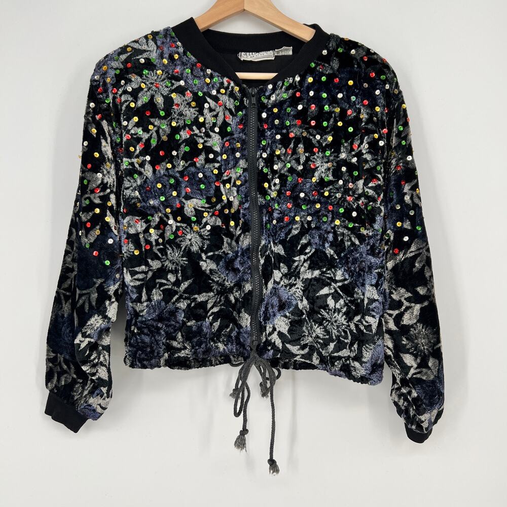 Vtg Y2K Speed Limit MPH Jacket Velour Cropped Womens M Multi Color Zip Sequins